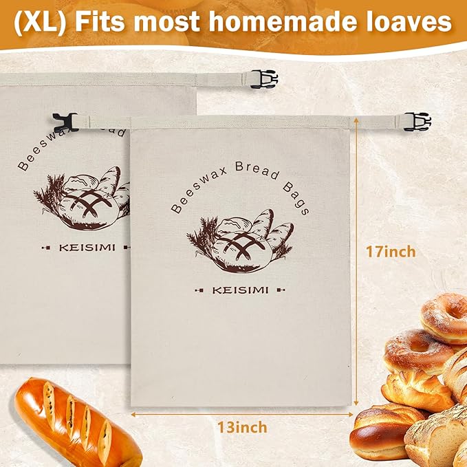 Reusable Bread Bags for Homemade Bread, 2 Pack Beeswax Bread Bags for Sourdough, Cotton Linen Food Storage Bag to Keep Fresh - Extra Large with Zipper（Only One Bag Had Zipper) -17 x 13inch