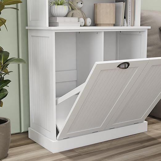 RASOO Tilt-Out Laundry Cabinet White Tall Bathroom Storage Cabinet Laundry Hamper with 2 Baskets and 3 Cabinets Upper Glass Doors Storage Cabinet