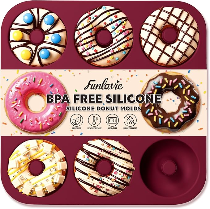 Large Silicone Donut Pan for Baking, 9 Cavity Non-Stick Food Grade Silicone Donut Molds, Doughnut Pan and Bagel Pans for Baking & Kitchen, BPA Free 11.2 x 11.1 Inches, Dishwasher Safe - Claret Red