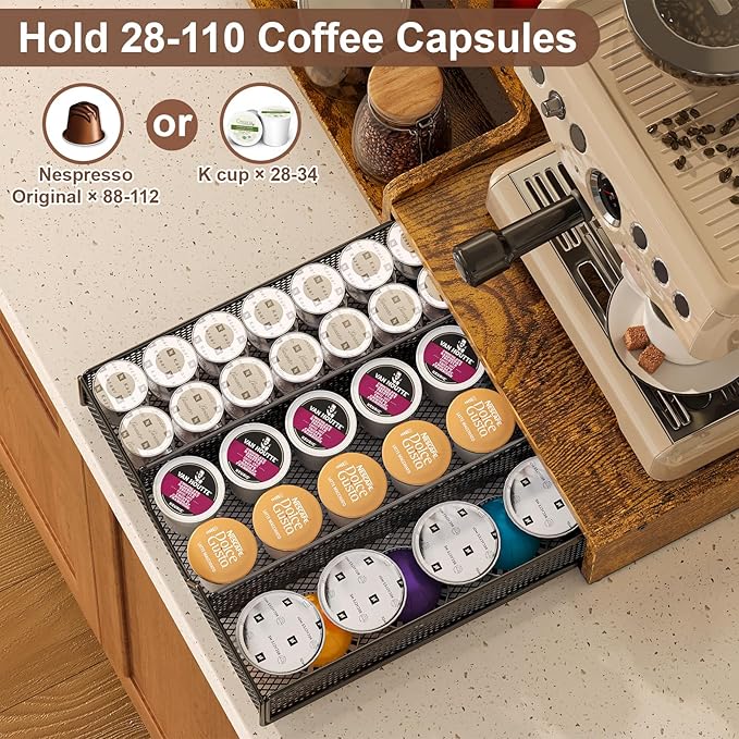 Coffee Station Organizer with K Cup Holder, 28 Pod Capacity,3-Tier Syrup Rack with Coffee Pod Holder Drawer, Coffee Bar organizer Countertop for Accessories,Rustic Brown