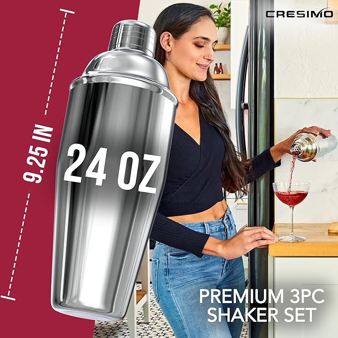Cresimo 24oz Cocktail Shaker Set with Bar Accessories for Home Bar - Martini Shaker with Jigger and Drink Mixer Spoon - Alcohol Bartender Gift - Bartending Kit Essential for Home