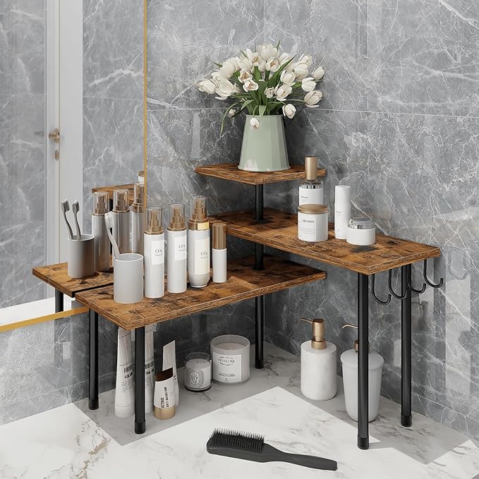 Homode Kitchen Countertop Organizer - 3 Tier Corner Shelf, Bathroom Counter Organizer, Spice Rack, Coffee Bar, Over Sink, Rustic Brown