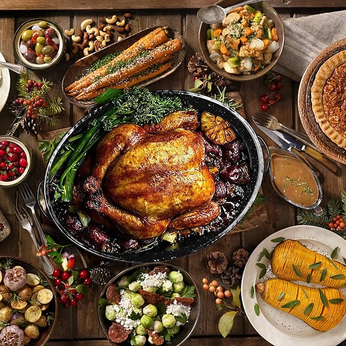 14.6 Inch Roaster Pan, Enamel Oval Turkey Roasting Pan with Domed Lid - Mother's Gift, Covered, Non-sticky, Free of Chemicals - Rôtissoire Chicken Meat Roasts Casseroles & Vegetables (14.6 Inch)