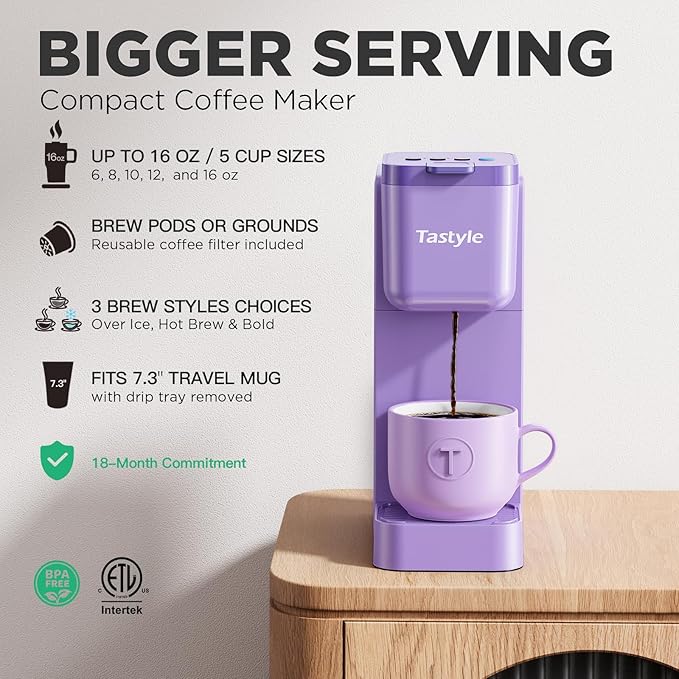 Tastyle Single Serve Coffee Maker Hot and Iced with Bold Brew, Small Coffee Machine for K Cup and Ground, Fits 7.3'' Travel Mug, Brews up to 16 Oz, 5 Cup Sizes, Compact for Office, RV& Hotel, Lavender