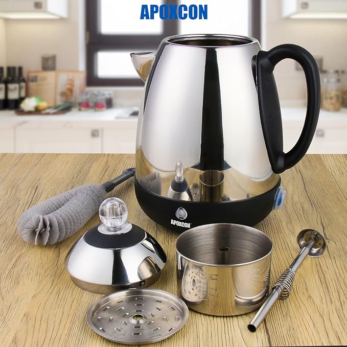 APOXCON Electric Coffee Percolator Stainless Steel Coffee Maker with Clear Brew Progress Knob & Cleaning Brush Auto Keep Warm Cordless Serving elegant design Coffee pot with On/OFF Switch (10 Cup)