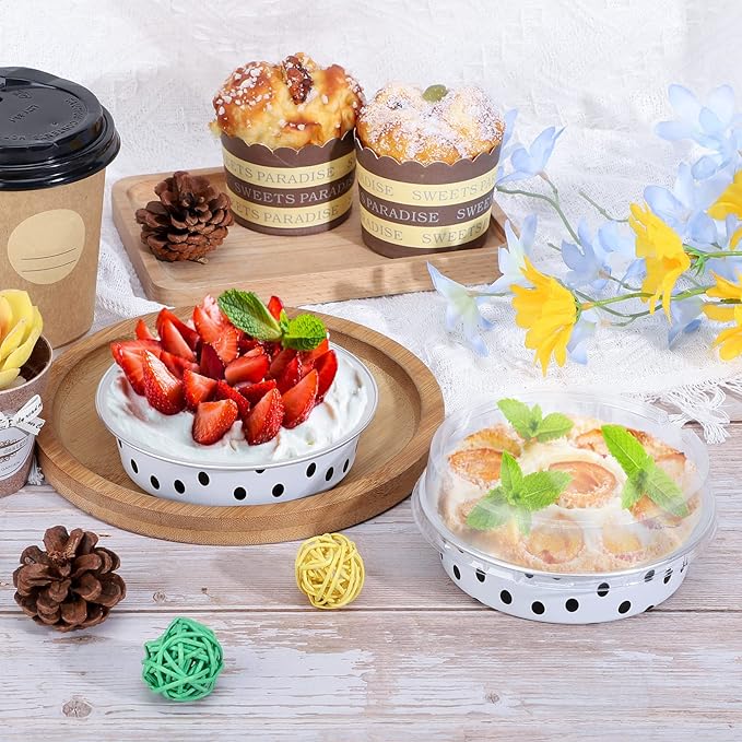 Beasea Mini Tart Pans with Lids 100 Pack, 4” 8oz Disposable Aluminum Baking Foil Tins Round Small White Black Dot Container for Individual Cupcake Dessert Muffin Ramekin Cheesecake Quiche Oven Dishes