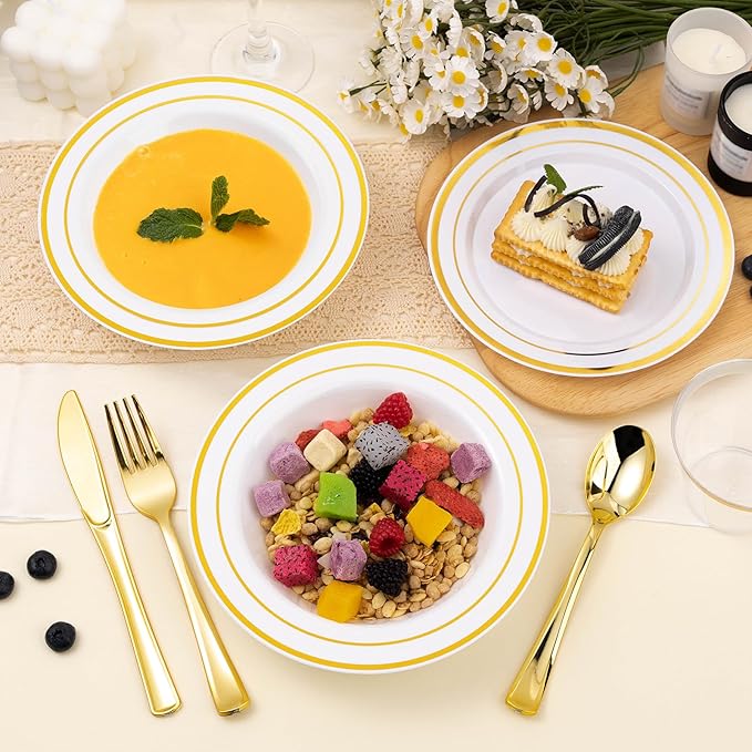 200 Pack Disposable Soup Bowls with Gold Rim, 12oz Premium Heavy Duty Plastic Dinner Bowls for Party, Wedding and Holiday
