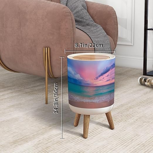 Trash Can with Lid Pink Sunset Press Top Round Small Garbage Bin with Wooden Legs Waste Basket for Kitchen Bedroom Nursery 7L/1.8 Gallon