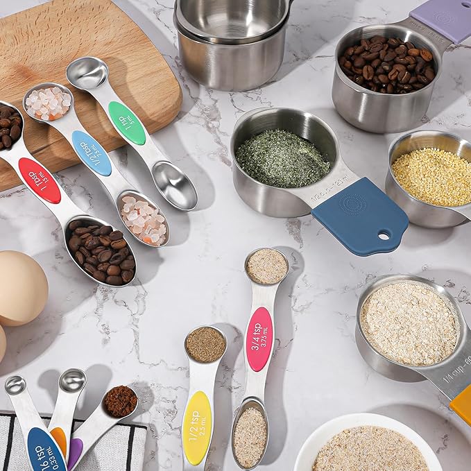 Magnetic Measuring Cups and Spoons Set of 16,Stainless Steel Magnetic Measuring Cups Set 7 and Magnetic Measuring Spoons Set of 8 with Leveler for Dry Liquid Ingredients (16, Colorful)