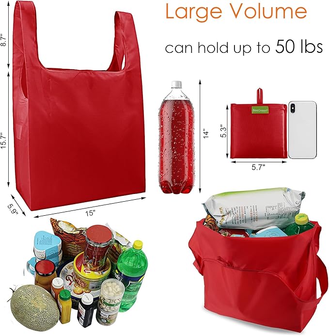 BeeGreen Christmas Red Reusable Grocery Bags Wholesale Red Reusable Kitchen Bags Bulk Foldable-Machine Washable with Zipper Storage Pouch 50 Packs