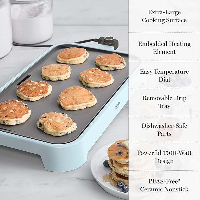 Martha Stewart 12” x 22” Electric Griddle, XL Ceramic Nonstick Flat Top Cooking Surface, Adjustable Temperature Dial, Drip Tray, Dishwasher Safe, 1500W Fast Even Heating, Pancakes & Eggs, Sky Blue
