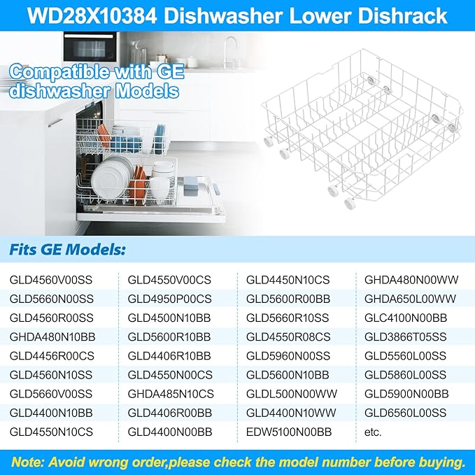 Upgraded WD28X10384 WD28X10309 Dishwasher Lower Rack Compatible with GE Dishwasher Rack Replacement Parts,WD28X10166 WD28X10165 General Electric Dishwasher Parts Bottom Rack GLD4560V00SS with Wheels