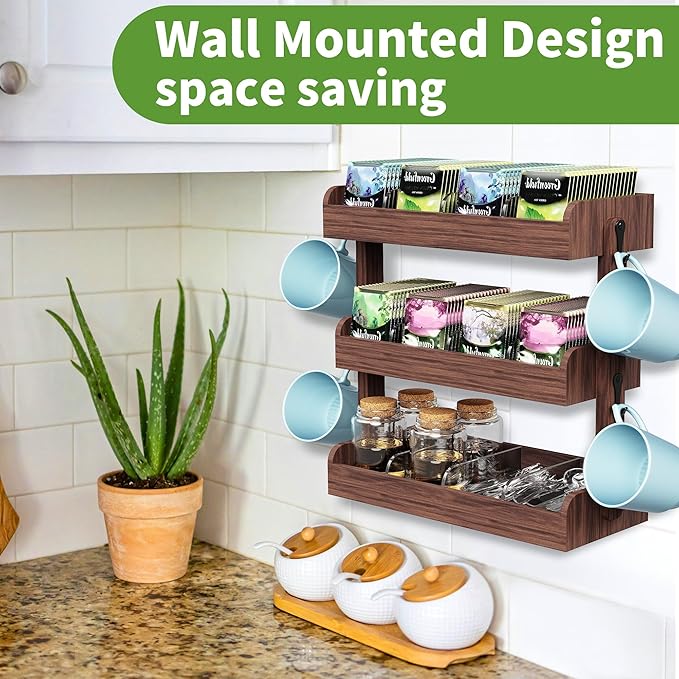 3 Tier Tea Bag Organizer - Wall-Mounted Holder with Partitions, 4 Hooks, Wooden Tea Box for Office, Kitchen, Cabinet, Pantry