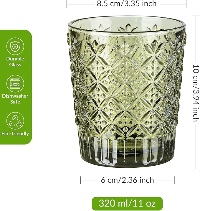 Joeyan Green Vintage Drinking Glasses,Embossed Water Glass Cups,Colored Decorative Glass Tumblers,Elegant Glassware Cups for Beverages Juice Cocktail Beer,11 oz,Set of 6,Dishwasher Safe