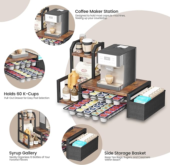 Homeiju Coffee Pod Holder Drawer for K-Cup, Nespresso Pods Holder with Side Basket，K Cup Holder Holds 60 K-Cups & 10 Syrup Bottles, Sliding Storage Drawer and Countertop Storage