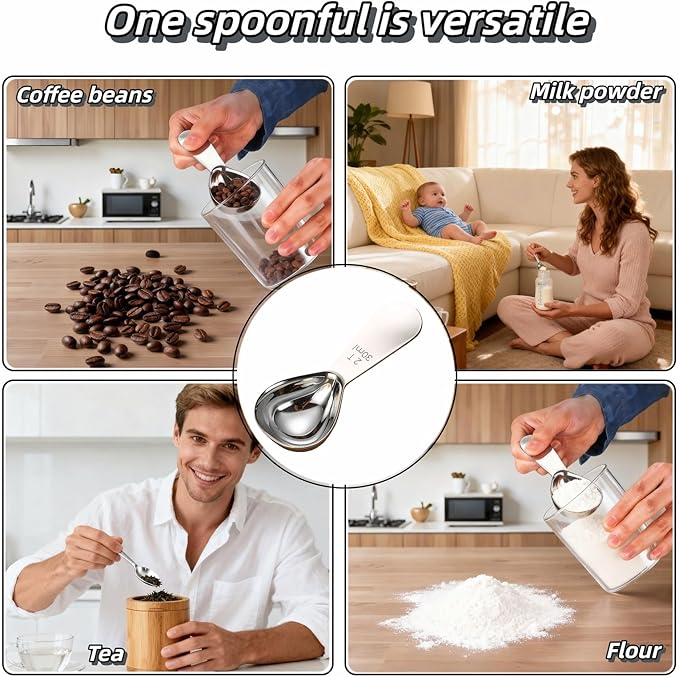 30ml Stainless Steel Coffee Scoop, 2 Tbsp Measuring Spoons for Protein Powder, Sugar, Flour & Tea - Short Handle, Laser Etched Markings, Dishwasher Safe, Heavy-Duty 304 Food-Grade Steel