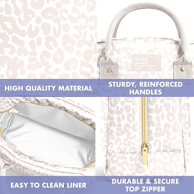 Fit & Fresh Bloomington Lunch Bag for Women - Insulated Large Lunch Box for Work with Containers, Leak-Resistant, Stain-Resistant, Zipper Closure, Feline Fine Ivory