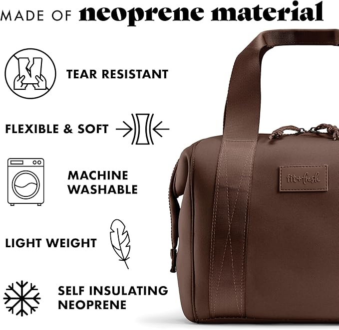 Fit & Fresh Remi Neoprene Lunch Bag For Women - Meal Prep Kit with Containers & XL Ice Pack, Self Insulating Neoprene-like Material, Machine Washable Lunch Bag, Tear & Stain-Resistant, Chocolate