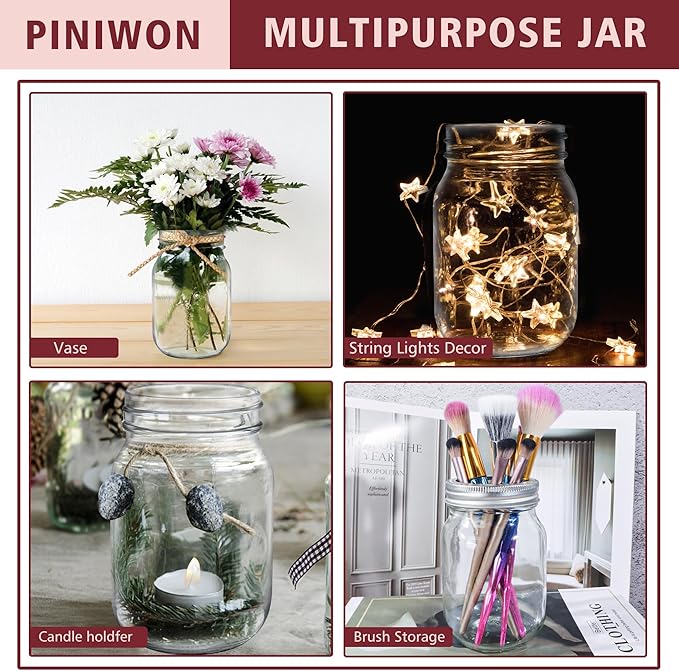 PINIWON Mason Jars 16 oz with Airtight Lids and Bands, 15 Pack Regular Mouth Canning Jars, Clear Glass Pint Jars for Canning, Pickling, Food Storage, DIY Projects, 24 Labels, Brush & String Included