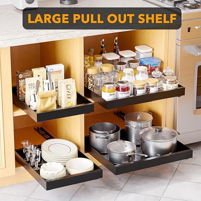 SpaceAid Pull Out Cabinet Organizer, 1 Pack Expandable 11.8"-19.6" (Need to Pull to Widen) Heavy Duty Pull-Out Drawer with Adhesive Tape for Kitchen Storage Cabinets (Black, 17" Deep)