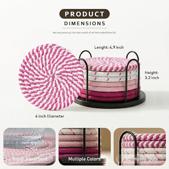 Lazebox Coasters Set of 8 for Drinks, 4 Inch Large Coasters for Coffee Table, Tabletop Protection for Hot & Cold Drinks, Versatile Coasters for Home Decor, Non-Slip & Easy to Clean