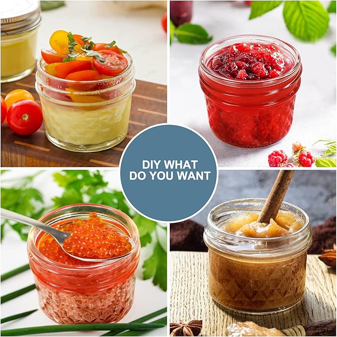 CycleMore 40 Pcs 4oz Clear Glass Mini Mason Jars With Silver Separable Lids and Diamond appearance, Small Spice Canning Jars for Honey, Jam, Jelly, Wedding Favors, Kitchen Food Storage