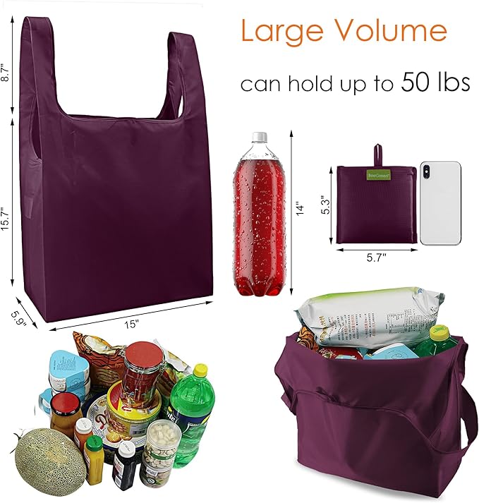 BeeGreen Burgundy Reusable Grocery Bags with Zipper Storage Pouch 10 Packs Wine Red Reusable Shopping Bags Bulk Foldable-Machine Washable