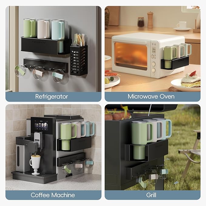 Magnetic Cup Holder for Fridge for 20/30/40 oz Stanley Tumblers Water Bottle Storage Holders & Lid Hook Organizers (3 Cups, 5 Hooks)