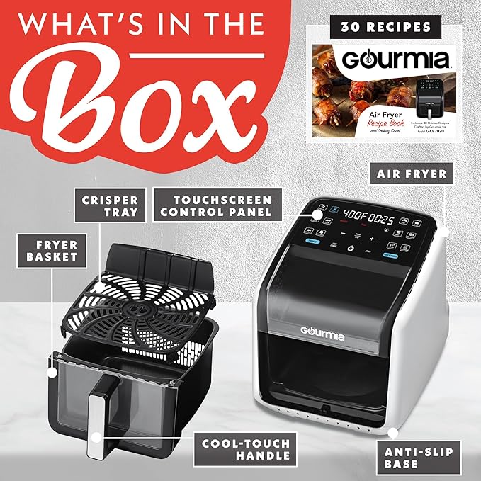 Gourmia Air Fryer 7 QT - Easy View Panorama Window & Interior Light, Guided Cooking with 12 One-Touch Presets, FryForce 360, Dishwasher Safe Accessories, White