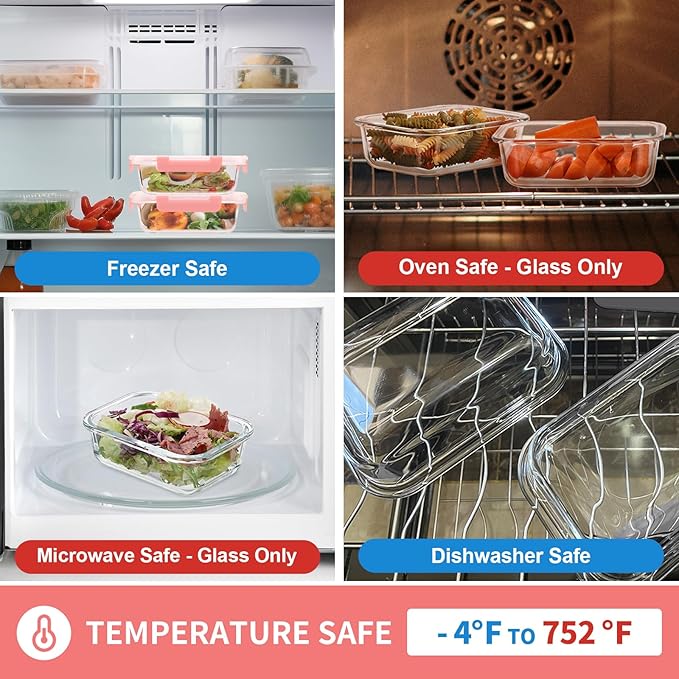 GULFLIN Glass Meal Prep Containers 12-Pack, 22oz Glass Food Storage Containers with Lids, Air-Tight, Leak-Resistant, Freezer to Microwave Safe-Pink Set