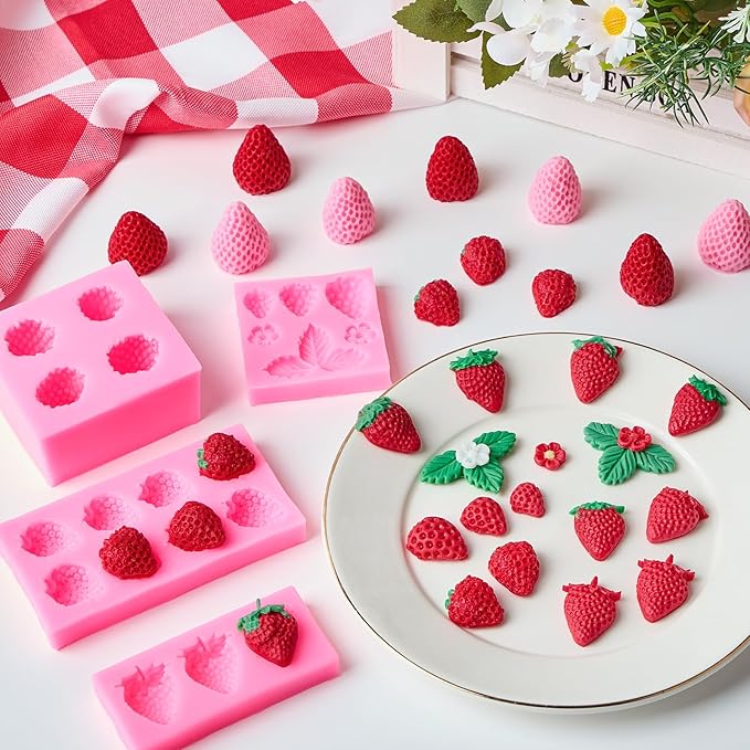 Puyeipt 4 Pcs Strawberry Silicone Molds, 3D Strawberry Fondant Molds for Chocolates, Candies, Cake Decorations, Cupcake Toppers, Desserts