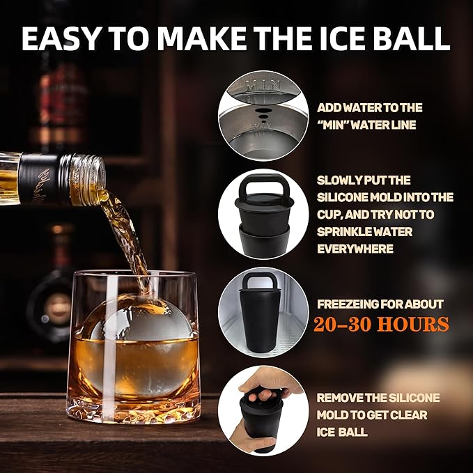 Clear Ice Cube Maker Tray – 2.5 Inch Large Round Ice Ball Mold, Stainless Steel & Silicone, Slow Melting Transparent Ice for Whiskey, Cocktails, and Home Bar Use (Black-1 Pack)