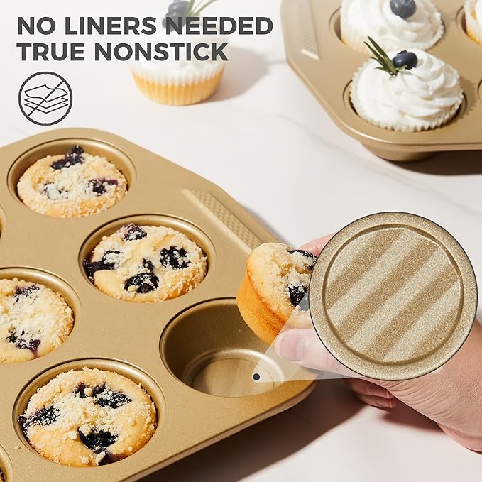 HONGBAKE 9-Piece Non Stick Baking Pans Set with Wave Texture for Reduced Oil, 0.8mm Thick Non Toxic Bakeware Sets, Includes Stackable Cookie Sheets for Oven Cooking, Cake Pan, Muffin Pan, Gold