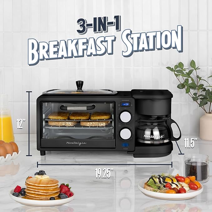 Nostalgia 3-in-1 Retro Breakfast Station - Includes 5 Cup Coffee Maker, Non-Stick Ceramic Griddle, and 4-Slice Toaster Oven - Built-In Timer, Reusable Coffee Filter, Space-Saving Design - Black