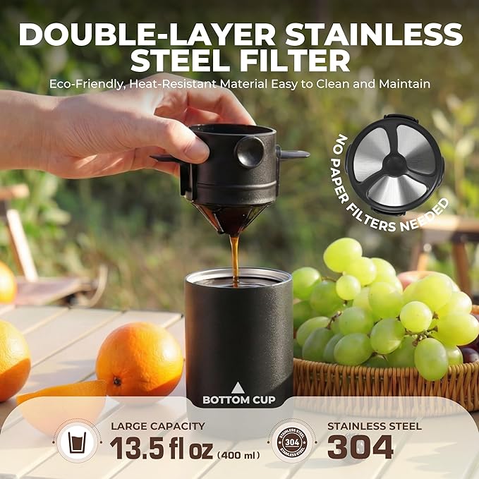 HAUSHOF Portable Coffee Maker, Travel Coffee Maker Battery Operated Small Pour Over Set, Compact Coffee Maker with Electric Grinder & Insulated Mug for Travel, Camping, Car