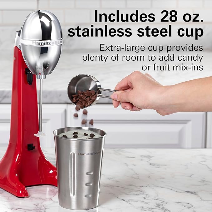 Hamilton Beach DrinkMaster Electric Drink Mixer, Retro Milkshake Maker & Milk Frother, 2 Speeds, Extra-Large 28 oz. Stainless Steel Cup, Red