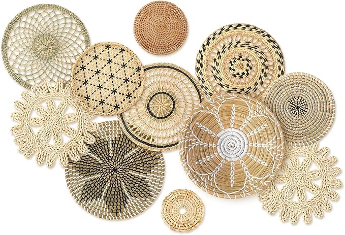 Tatuo 11 Pcs Boho Wall Basket Decor Bulrush Woven Wall Hanging Art Round Farmhouse Rustic Handmade Wicker for Summer Home, Bedroom, Living Room, Kitchen Decorations, Multi Sizes(Vivid)