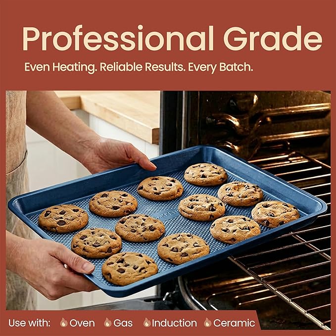Diamond Bottom Cookie Sheet Set of 2, Nonstick Blue Carbon Steel Baking Pans for Crisp Baking, Space-Saving Stackable Trays, PFOA, PFOS, PTFE Free, Oven Safe Up to 450°F, Small & Medium Pans