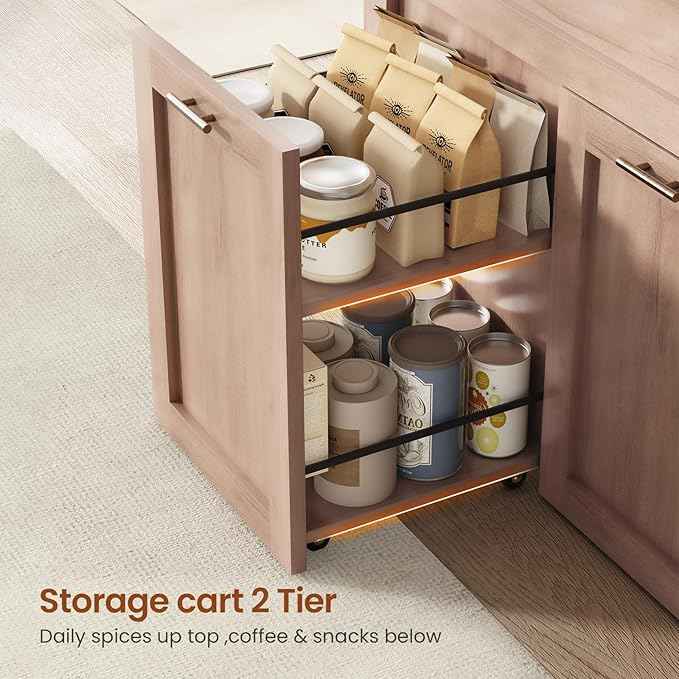 Itaar 71" Arched Kitchen Pantry Cabinet, Kitchen Storage Cabinets with 1 Large Drawer & Storage Cart 2 Tier & Door Shelves for Living Room, Dining Room, Natural Oak