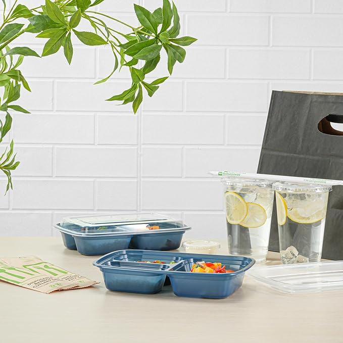Asporto 26 Ounce Compartment Take Out Boxes, 100 Microwavable Meal Prep Containers - 3 Compartments, With Clear Plastic Lids, Midnight Blue Plastic Food Containers, Do Not Contain BPA - Restaurantware
