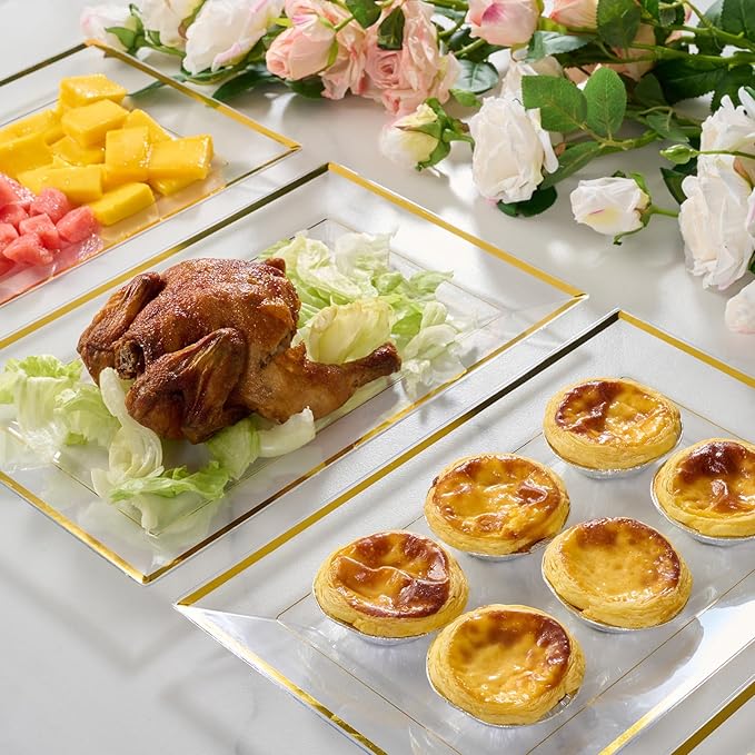 FOCUSLINE 8 PCS Plastic Serving Trays for Party, Clear and Gold Rim Serving Platters and Trays, Premium Plastic Fruit Tray, Disposable Platters for Cupcake, Dessert, Appetizers