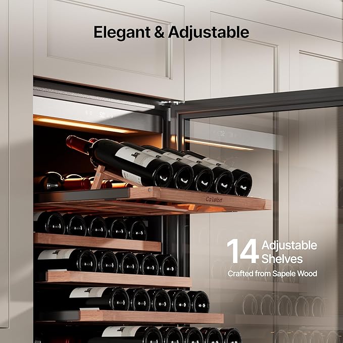 Ca'Lefort 166 Bottle Wine Fridge - 24 Inch 40-65°F Wine Cooler with Glass Door & Bottom Drawer, 14 Adjustable Shelves & 3 LED Lights, Energy Star Certified Built-in/Freestanding for Home/Bar/Kitchen