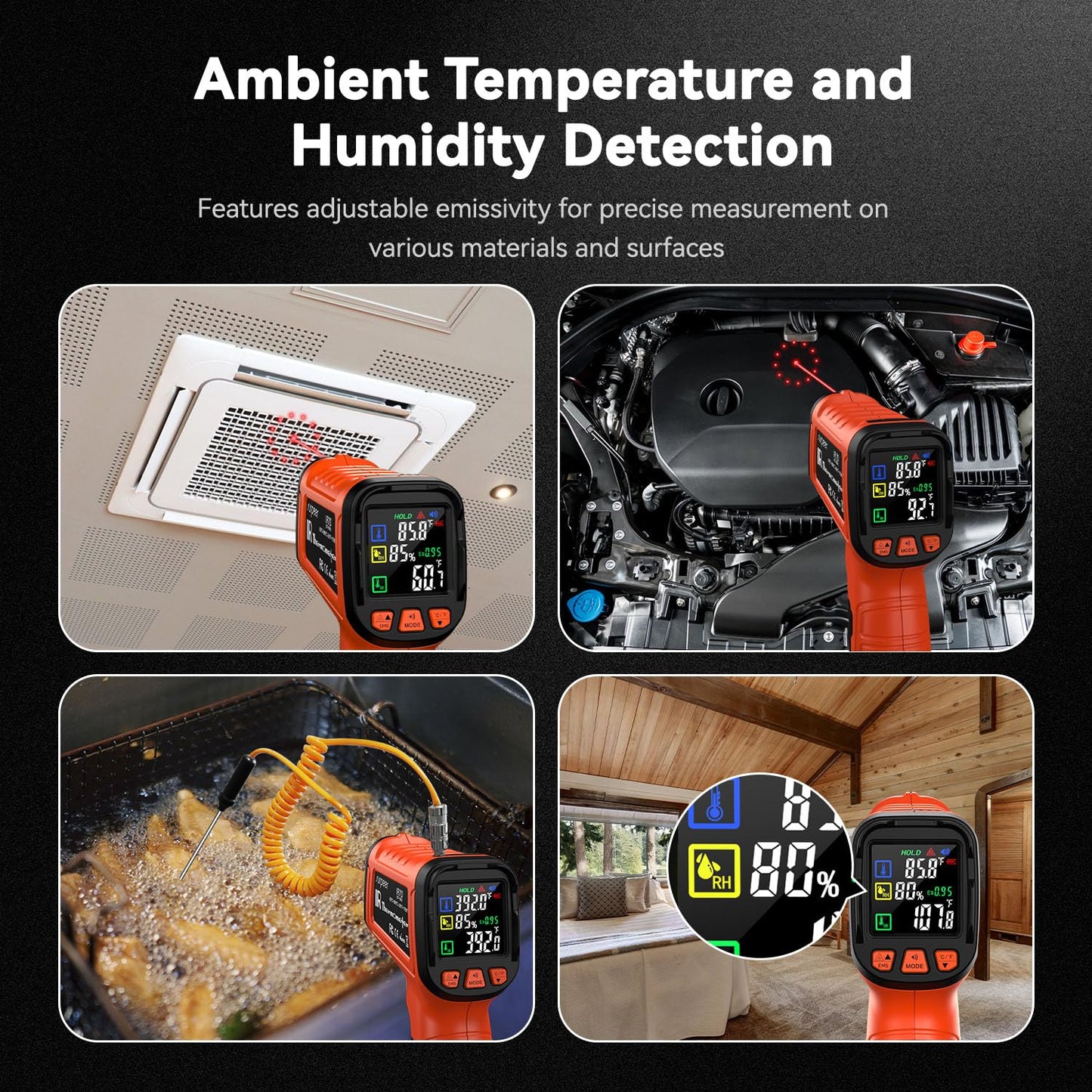 '-58°F to 2732°F Infrared Thermometer IR Laser Gun 50:1, Digital Temperature Gun/K-Type Probe -4°F~932°F, Humidity Sensor, High-Temp Pyrometer for Kiln, Forge, Furnace, Industrial Use