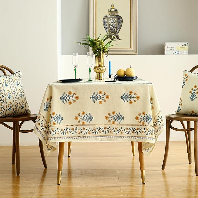 ISAENNE Designer French Pale Yellow Long Tablecloth Rectangle,Linen Floral Table Cloth,Wrinkle Resistant Decor Tablecloths for Dining Thanksgiving Banquet Kitchen Party,63"*102"-Estevan A