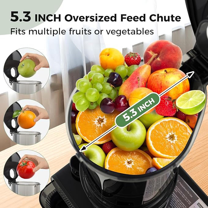 Cold Press Juicer, 5.3" Wide Feed Chute Easy to Clean Juicers w/Cleaning Brush & 2 Cups, 200W Power Motor Slow Masticating Juicer Machine w/High Juice Yield for Whole Vegetables & Fruits