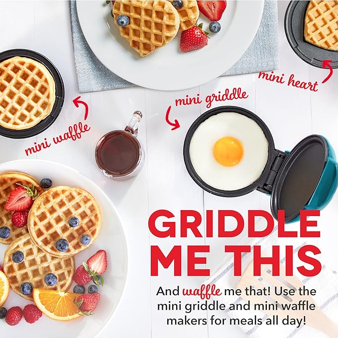 Dash Mini Maker Set - Customized Treat Maker - Supports Multi-Function Cooking - Easy Cleanup and User-Friendly Design - Coral, Mint & Teal - Waffle, Griddle & Heart Shaped Waffle Irons