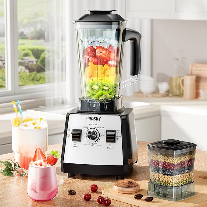 Blenders for Kitchen, Smoothie Blender, 2400W/1000W Prasky Blender & Grinder Combo, 25,000 RPM High Speed, 68oz BPA-Free Food Processor, Countertop Blender for Smoothies, Shakes & Food (White,2L)