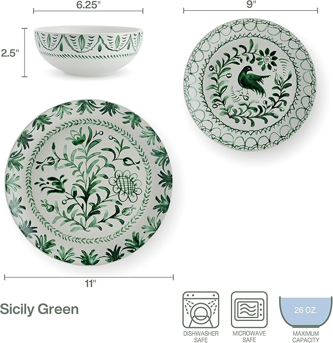 Fitz and Floyd Sicily Green 12 Piece Dinnerware Plate Bowl Set, Service for 4