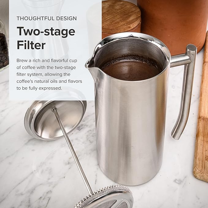 Frieling Coffee Press Stainless Steel French Press Coffee Maker - 44 oz, Brushed Stainless Steel - Double-Walled Insulated Zero Sediment Filter - For Home & Camping