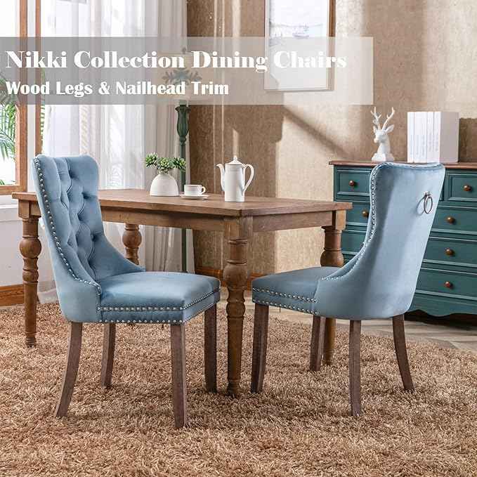 Upholstered Dining Chairs Set of 2, Velvet Dining Room Chairs with Back Ring Pull Trim and Solid Wood Legs, Tufted Wingback Kitchen Chair Perfect for Dining Room,Living Room,Kitchen(Light Blue)